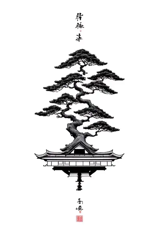 Bonsai Tree Surrounded Whit A Japanese Tempel