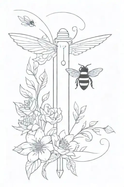 An Angel Blade With Bees And Flowers Surrounding It