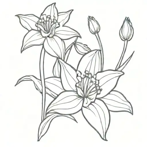 Violet Flower And Daffodil Bouquet Fine Line