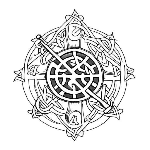 Shield With Sword And Staff Behind And Banner Above Celtic Design
