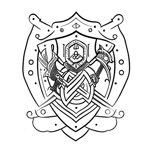 Shield With Sword And Staff Behind And Banner Above