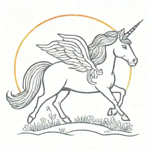 A Magical Unicorn Flying Over A Field Of Flowers With A Rainbow Mane