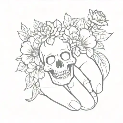 Finger Ring Surrounded With Flowers And Top With Cute Skull