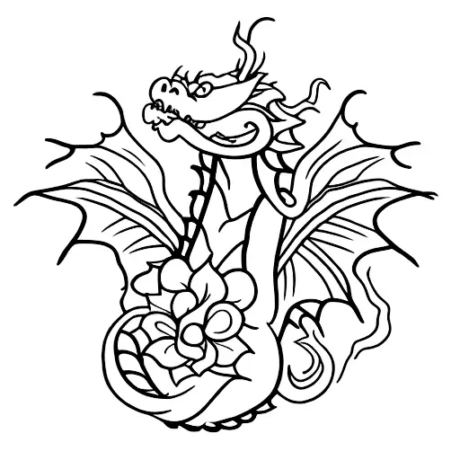 A Whimsical Minimalist Tattoo Of A Dragon Curled Around A Blooming Flower
