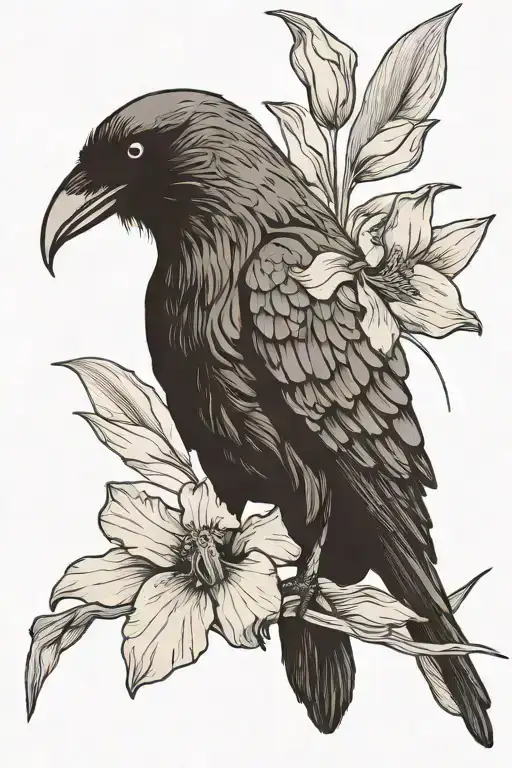 Crow Holding An Iris Flower In Mouth Gazing