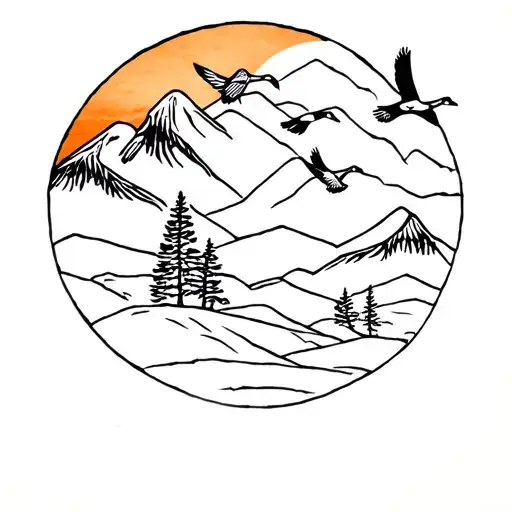 Geese Flying In Formation Over Mountains Trees Sun Desert