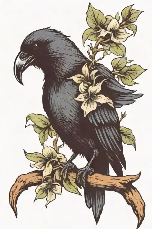 Crow Holding A Sweet Pea Flower In Mouth