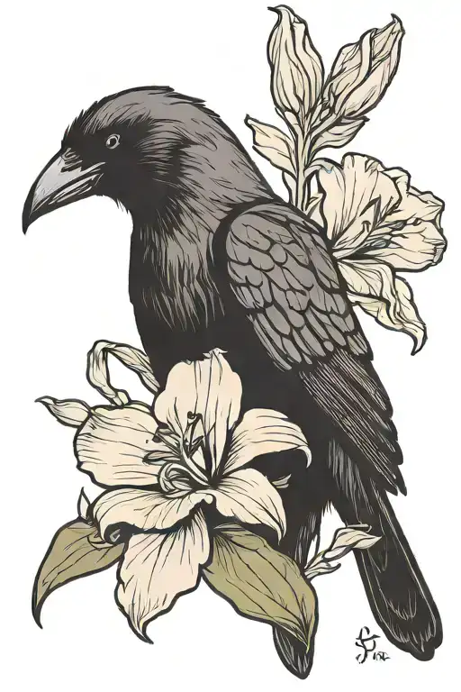 Crow Holding An Iris Flower In Mouth Open