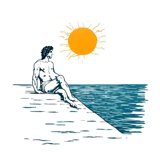 Icarus Sitting On A Ledge Looking At The Sun With His Foot In The Water