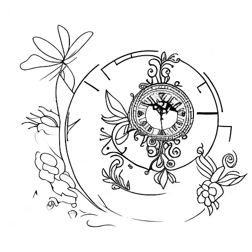 A Minimalist Tattoo Of A Clock With Flowers Growing From Its Hands
