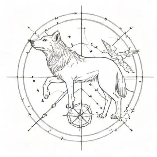 A Celestial Compass With Constellations Of A Wolf And A Bird