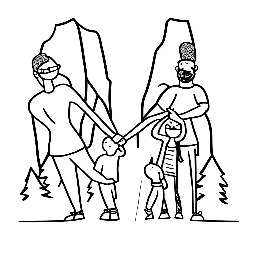 A Minimalist Tattoo Of A Family Holding Hands And Standing On A Mountain Peak