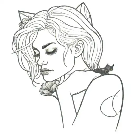 Black Cat Brings Poppy Flower To Blonde Woman Posing