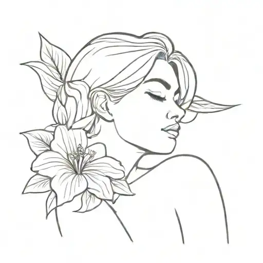 Fine Line Woman Hugging Herself With Hibiscus Flower As Head