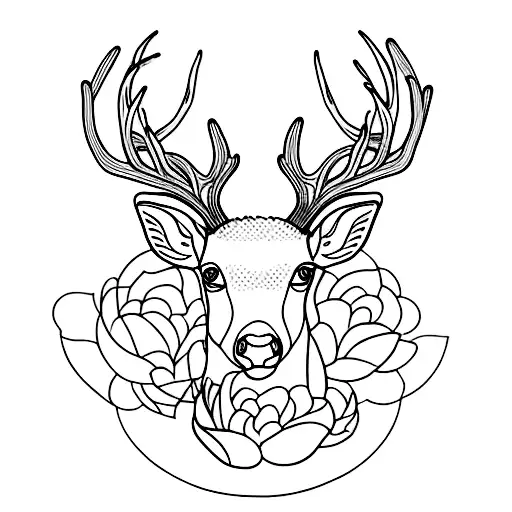 A Minimalist Tattoo Of A Deer With Antlers Surrounded By Blooming Peonies