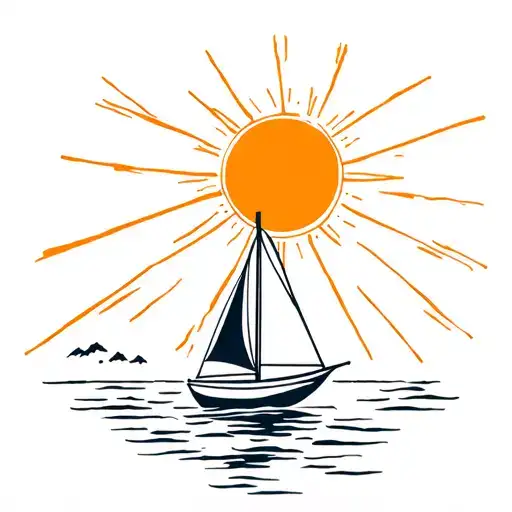 Bright Sun With Rays And A Sailing Boat