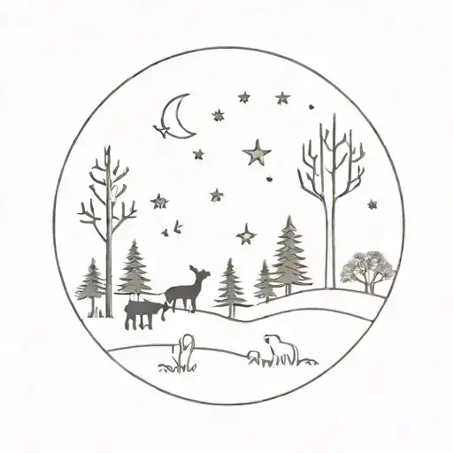 A Minimalist Design Of A Whimsical Forest Scene With Animals Frolicking Under The Moon And Stars