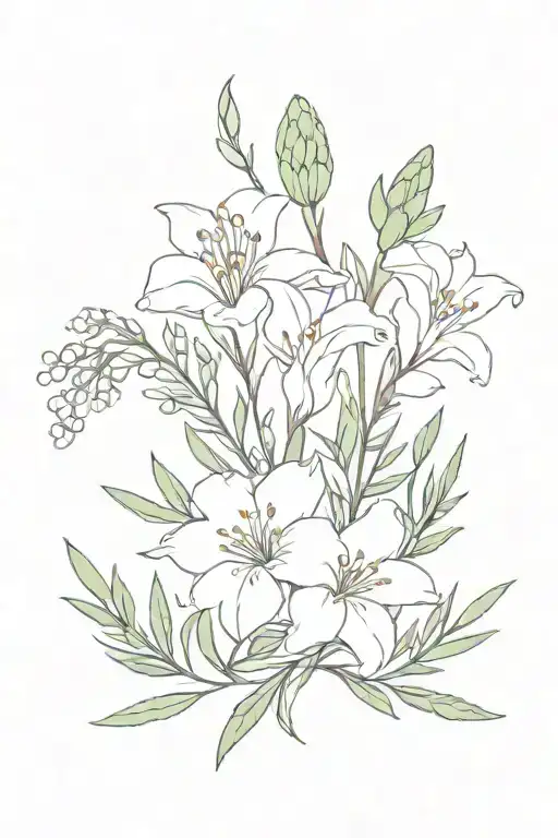 A Very Small Tattoo Of A Bouquet With Thyme And Lily Of The Vally In Simple And Minimalist Style