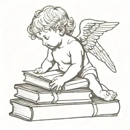 A Fine Line Tattoo Of A Baby Angel Peacefully Resting On Small Stack Of Books Make It Minimalistic