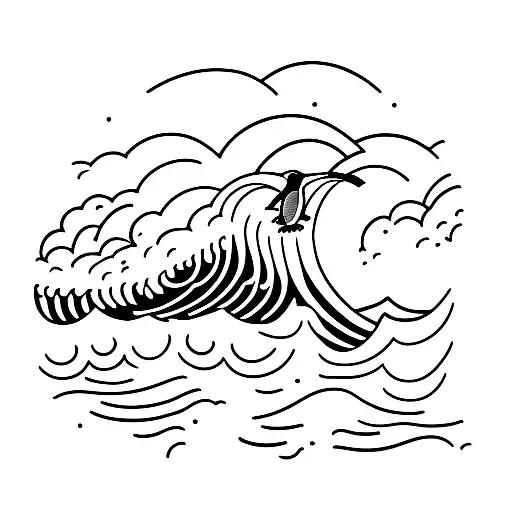 A Penguin Surfing On A Wave With A Table Tennis Racket In Its Flipper