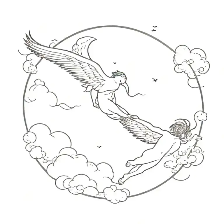 Icarus Falling From The Sky On The Back With Clouds Floating