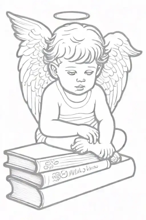 Small Angel Baby Resting On Stack Of Books Very Minimalist