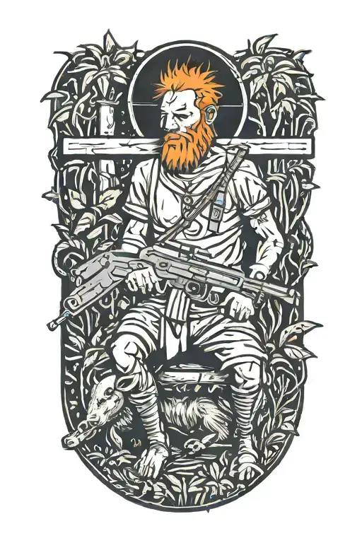 Man With Orange Hair And Blistered Face Riding Collared Peccary With A Crucifix And Gun In Jungle