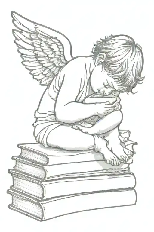 Small Angel Baby Resting On Stack Of Books Very Minimalist