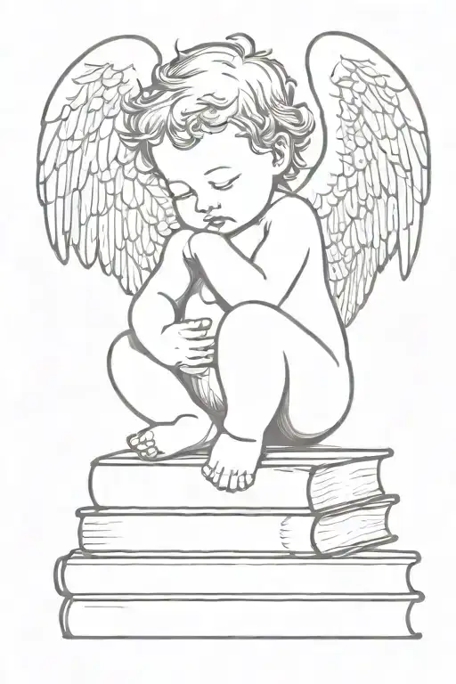 Baby Angel Resting On Stack Of Books Fine Line