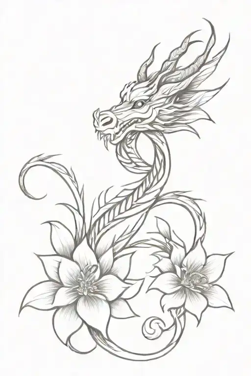 Dragon And Flowers Tribal Tattoo Design