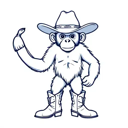 Monkey In Cowboy Hat And Cowboy Boots Holding Banana Clipart Blue Linear