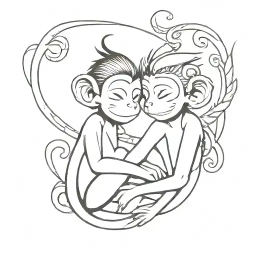 Girl Monkey And Boy Dragon Wrapped Arms Around Herself