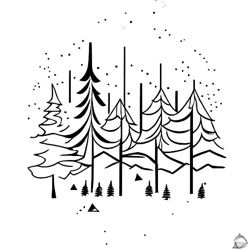A Minimalist Tattoo Of A Forest Landscape With A Silhouette Of A Violin Player Under A Starry Sky