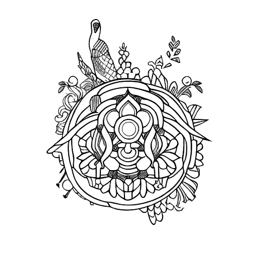 A Tattoo Design Incorporating Elements From Different Cultures And Aesthetics In Sketch Style