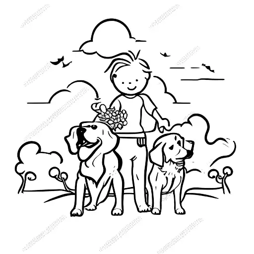A Whimsical Illustration Of Your Children Playing With Your Golden Retriever In A Peaceful Meadow