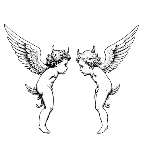 Angel Cherub And Devil Cherub Facing Each Other Side