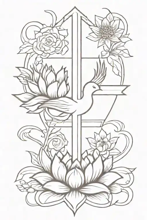 Cross With Phoenix And Lotus Flower