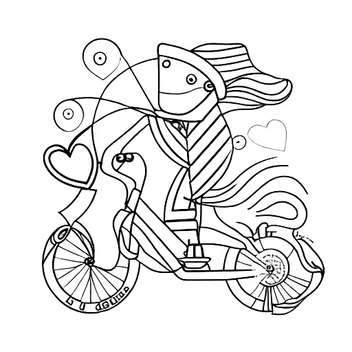 A Minimalist Tattoo Of A Bike Traveling Along A River With A Coffee Cup And Heart Symbolizing Love