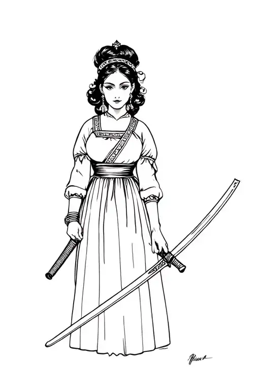 Simple Tattoo Design Of Cute Polish Woman In Traditional Polish Clothes With Katana In Hand