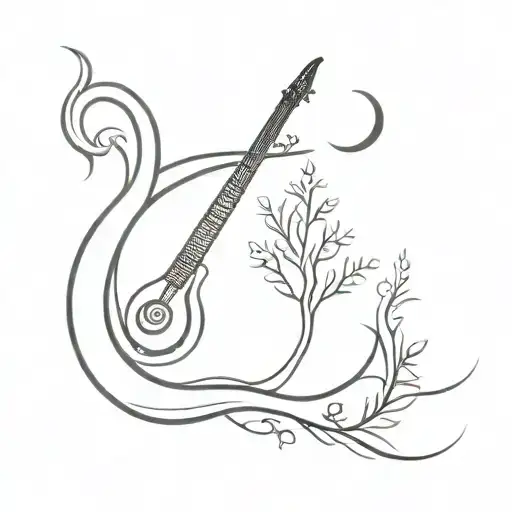 Saraswati Crescent Moon Serpent Sitar Juniper Tree