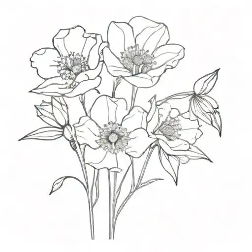 One Line Bouquet Of One Poppy Flower And Two Narcissus Flowers Small Black And White