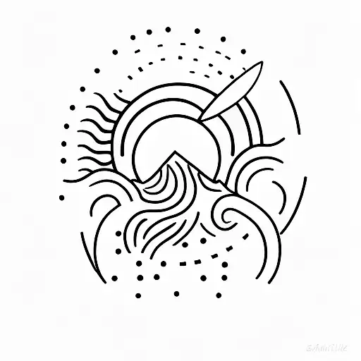 A Minimalist Tattoo Of A Surfboard With The Sun Setting Behind It