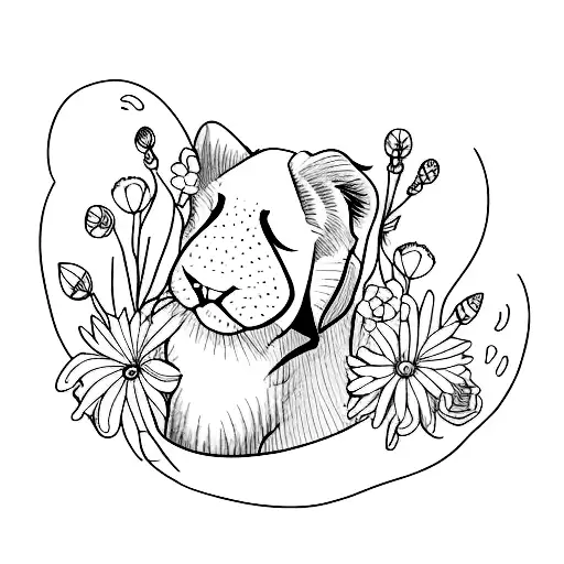 A Sketch-style Tattoo Of A Gentle Animal Resting On A Bed Of Flowers