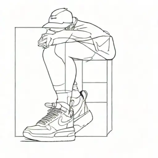 Line Drawing Person In Shorts And Nike Shoes With Box On Head