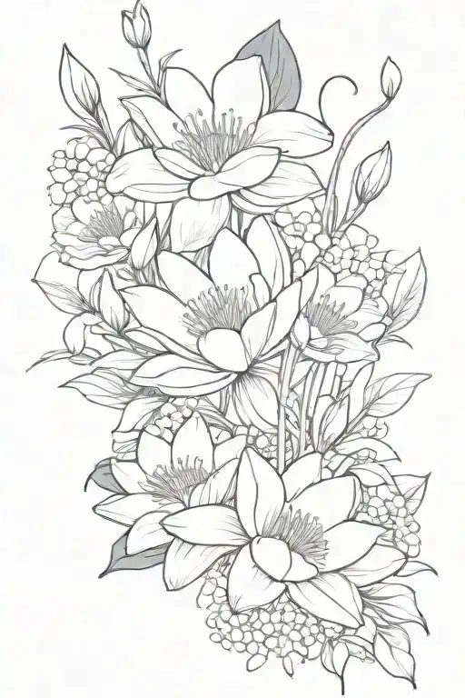 Water Lily And Primrose And Morning Glory And Lily Of The Valley Flowers In Bouquet