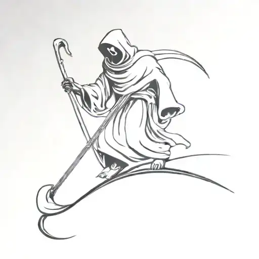 Grim Reaper Dragging A Scythe In The Ground Looking