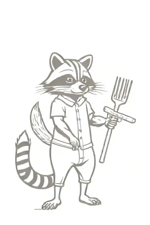 Standing Raccoon Holding A Rake In Its Paws In Black And White Cartoon Style And Done In Pencil
