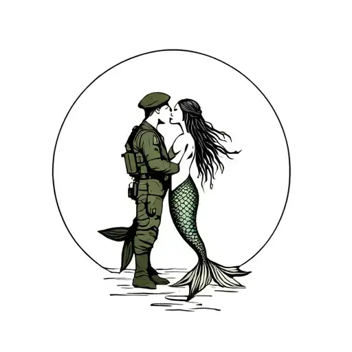 Mermaid With Long Dreads Kissing An Army Soldier Wearing A Beret Hat Standing