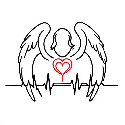 Guardian Angel Outline With Heartbeat Line And Wings