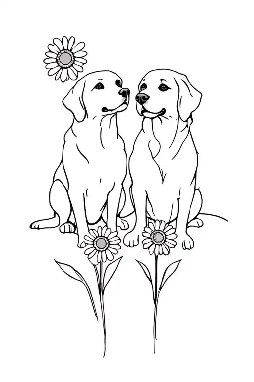 Two Golden Retrievers With Daisy Flowers